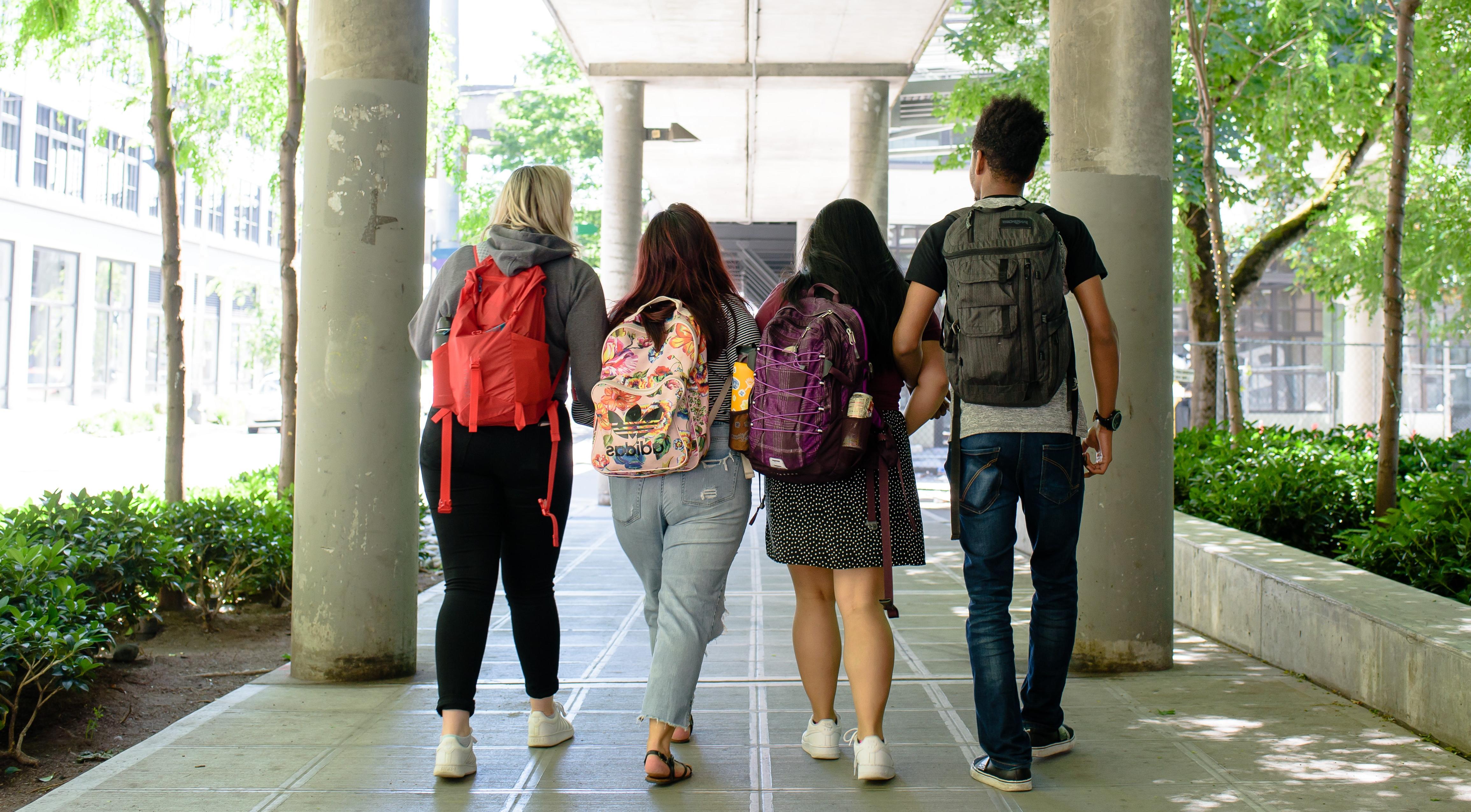 Four students walk down a covered sidewalk with their backs to the camera. 